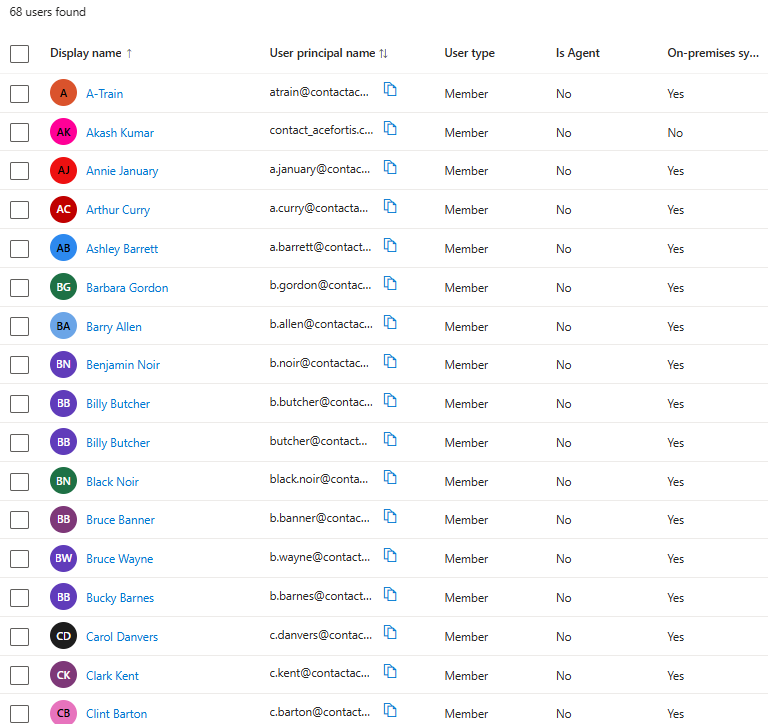 Azure Entra ID Users section showing all synced users listed alphabetically with their apex-corp.xyz UPNs